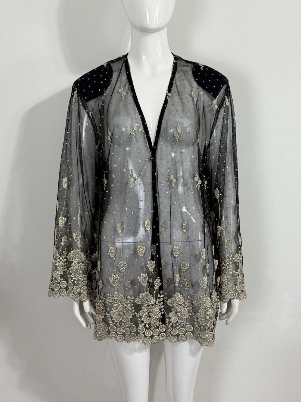 Vintage MaxiMa XL Mesh Kimono Cardigan Embroidered Gold Floral Whimsigoth Fairy